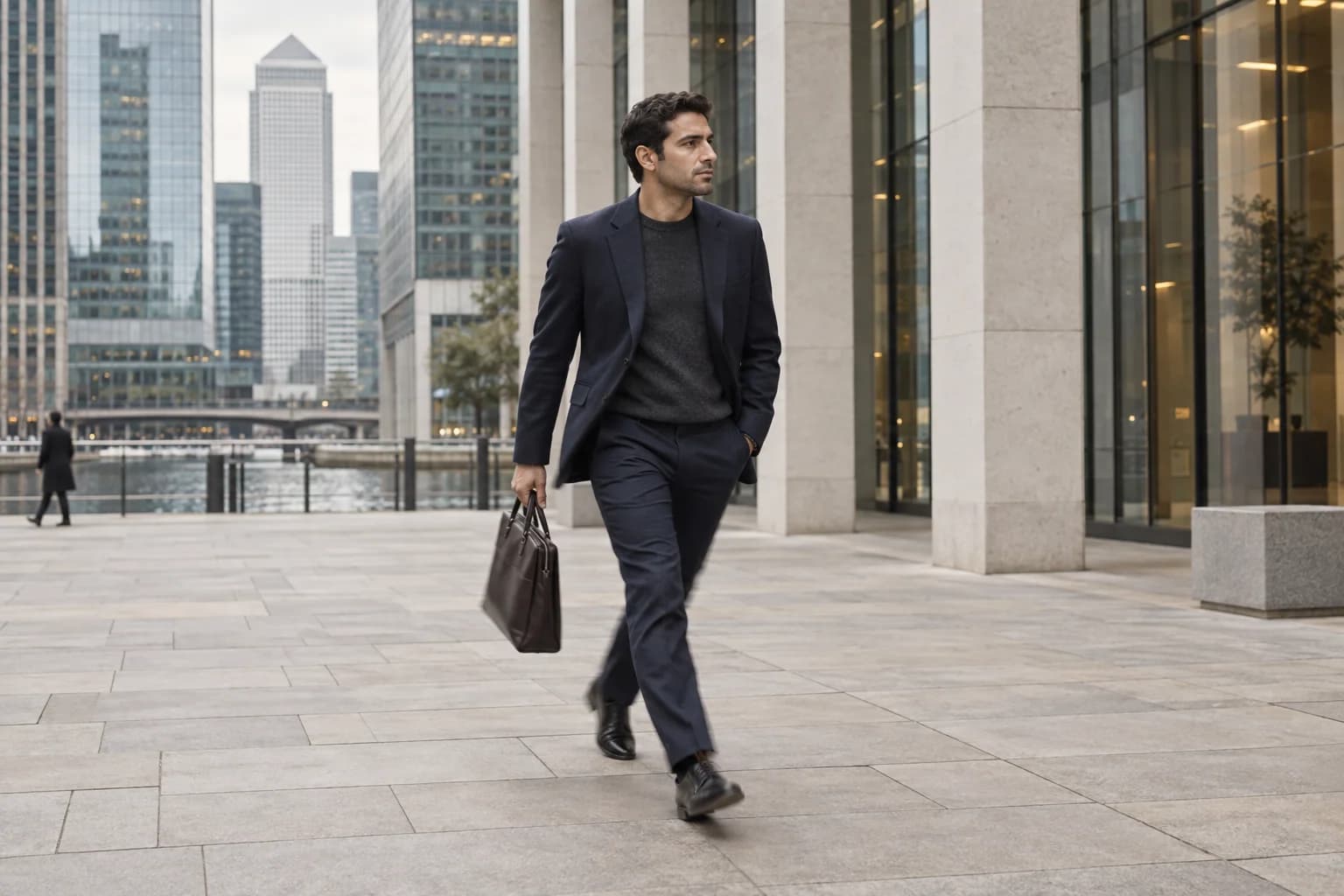 Eine Fachkraft auf dem Weg zwischen Büros in Canary Wharf