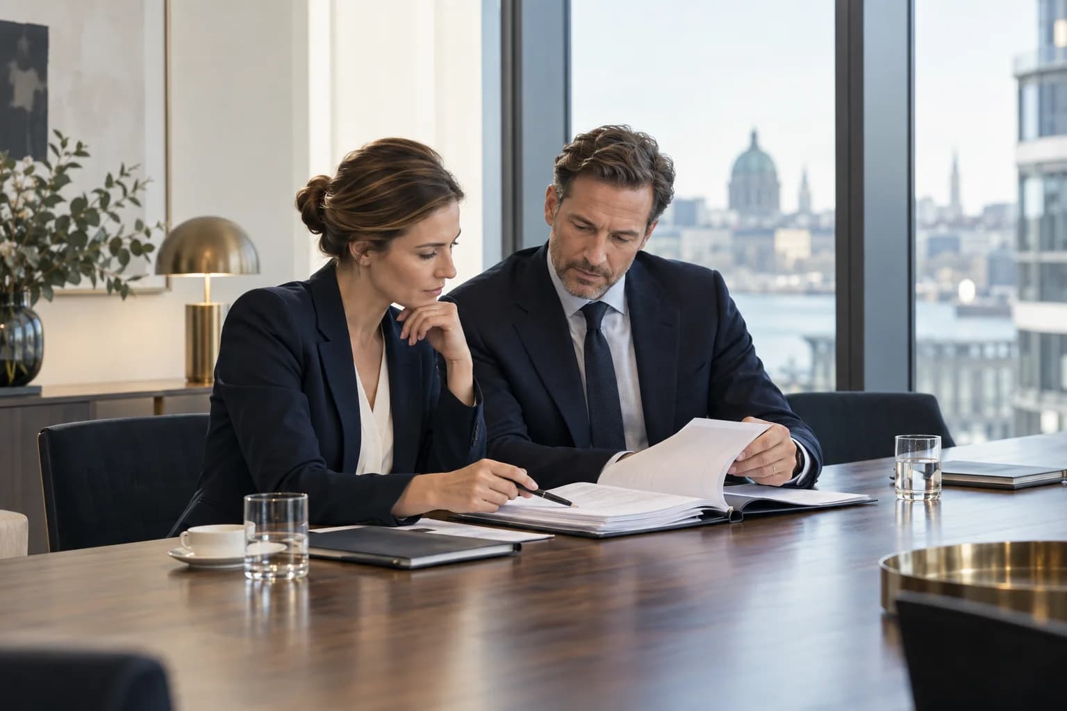 Two colleagues reviewing documents in an office