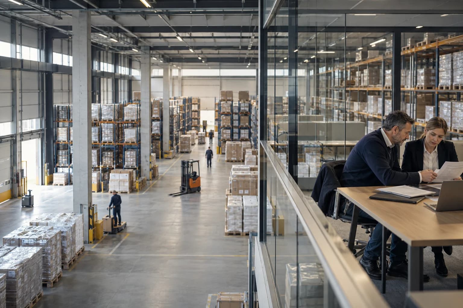 A warehouse and adjoining office where two colleagues review documents