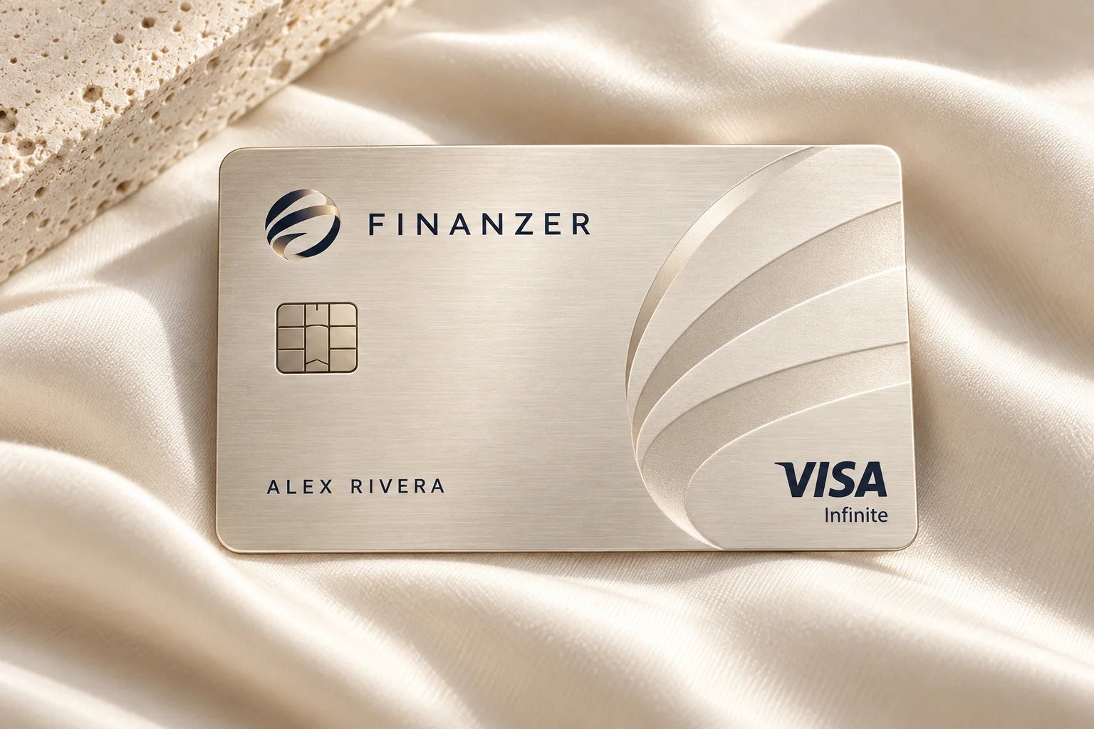 Champagne Finanzer card colour study with ivory ribbon relief on silk.