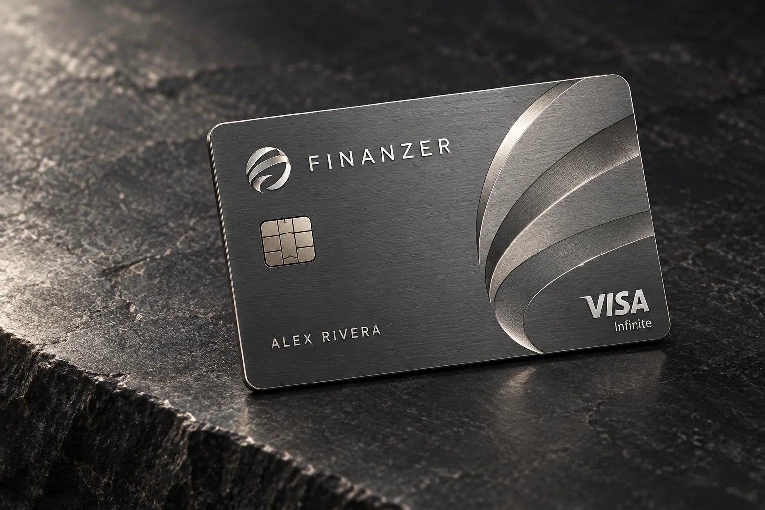 Graphite Finanzer card colour study with silver ribbon relief on dark basalt.