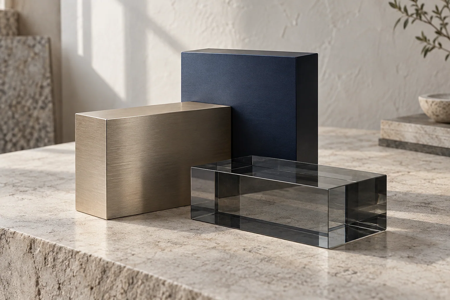 Navy aluminium, champagne metal and smoke-grey glass arranged on pale stone.
