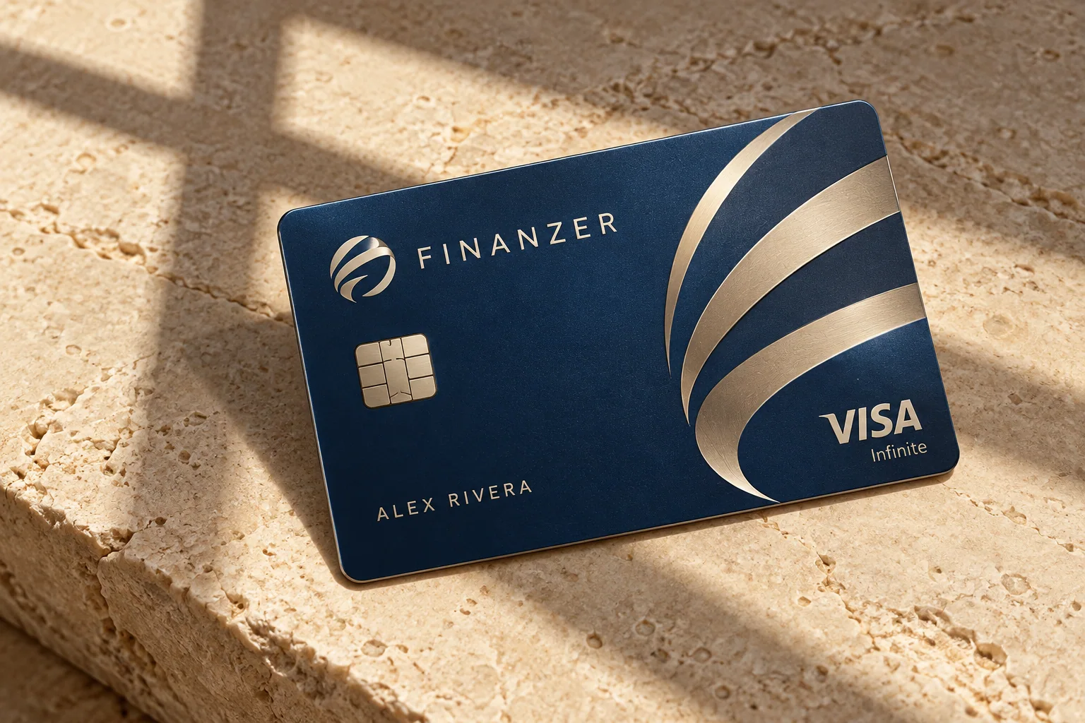 Navy Finanzer card colour study with champagne ribbon relief on sunlit limestone.