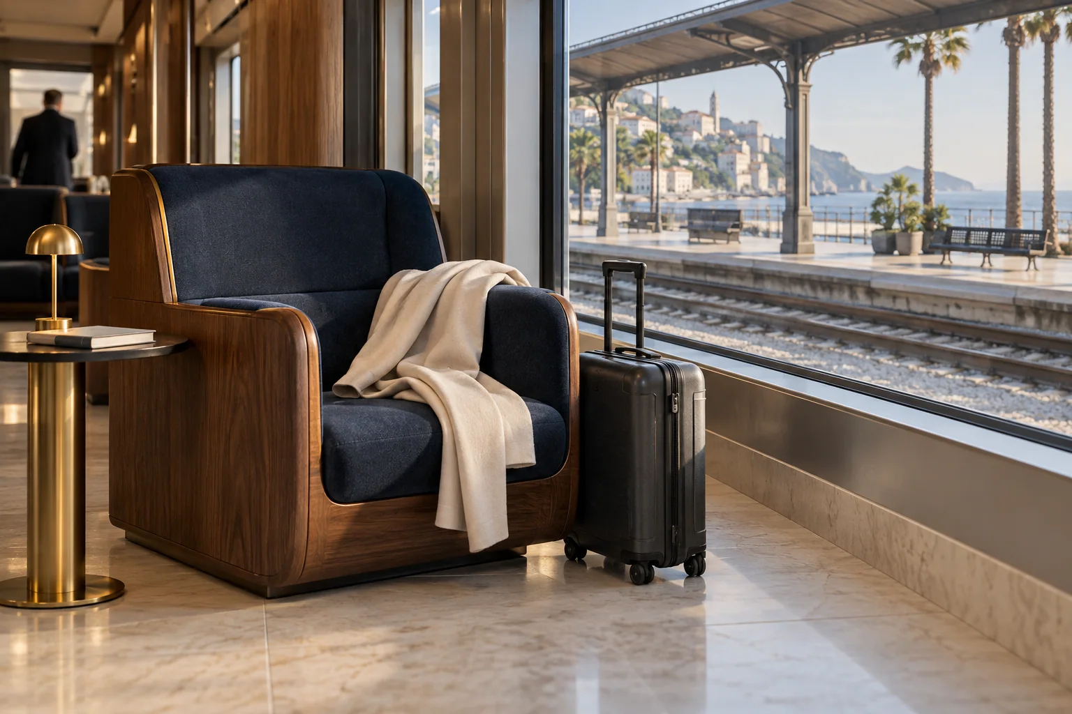 Navy seating and a graphite suitcase beside a sunlit railway platform in an editorial travel scene.