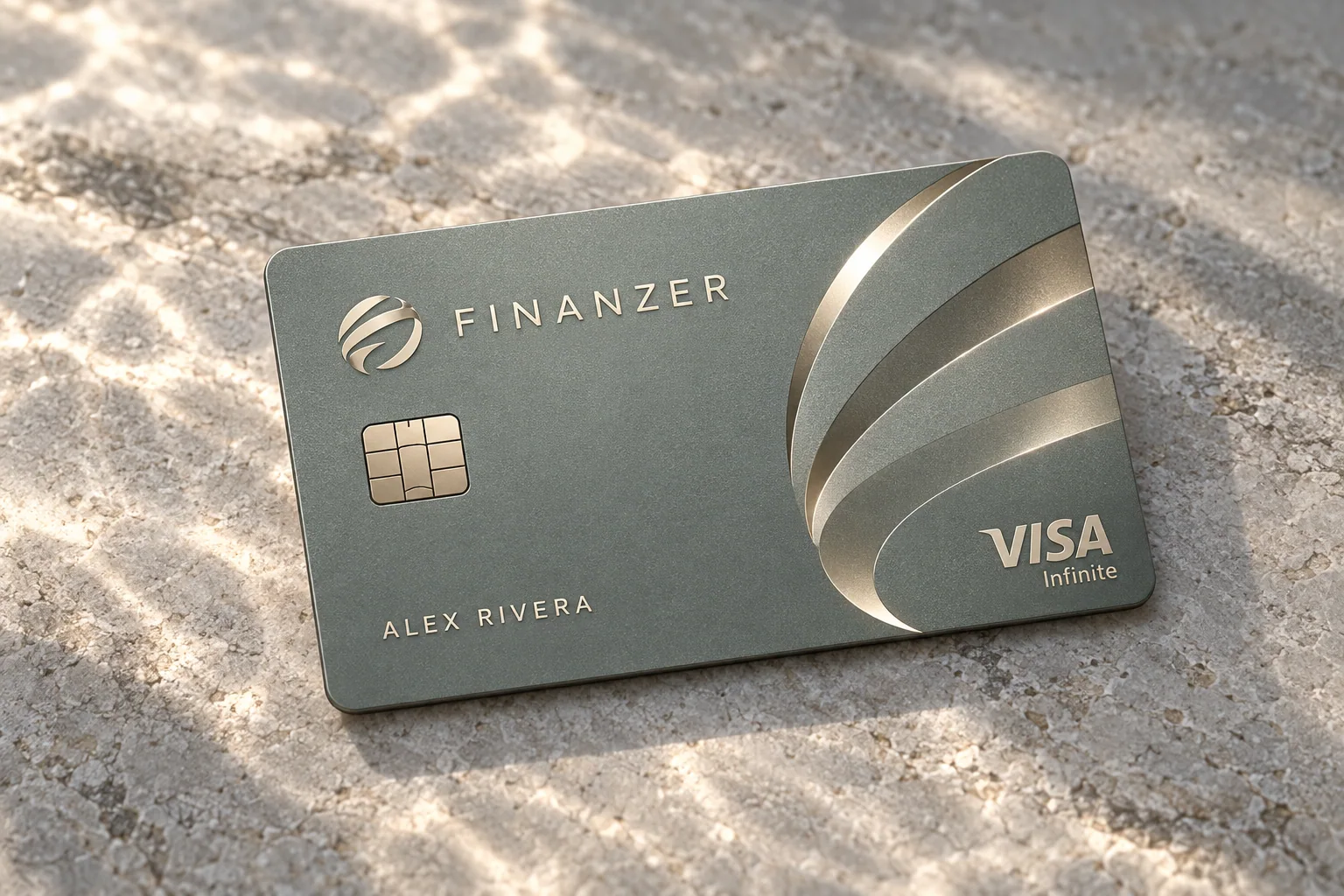 Sage-grey Finanzer card colour study with champagne detailing on cool limestone.