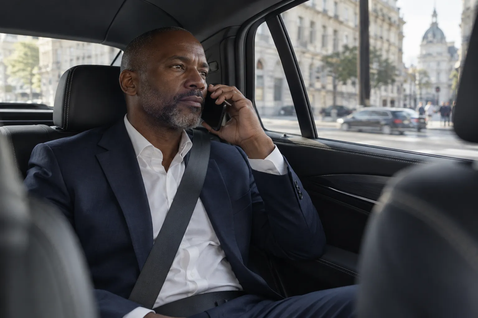 An executive taking a call from the rear passenger seat on a city journey