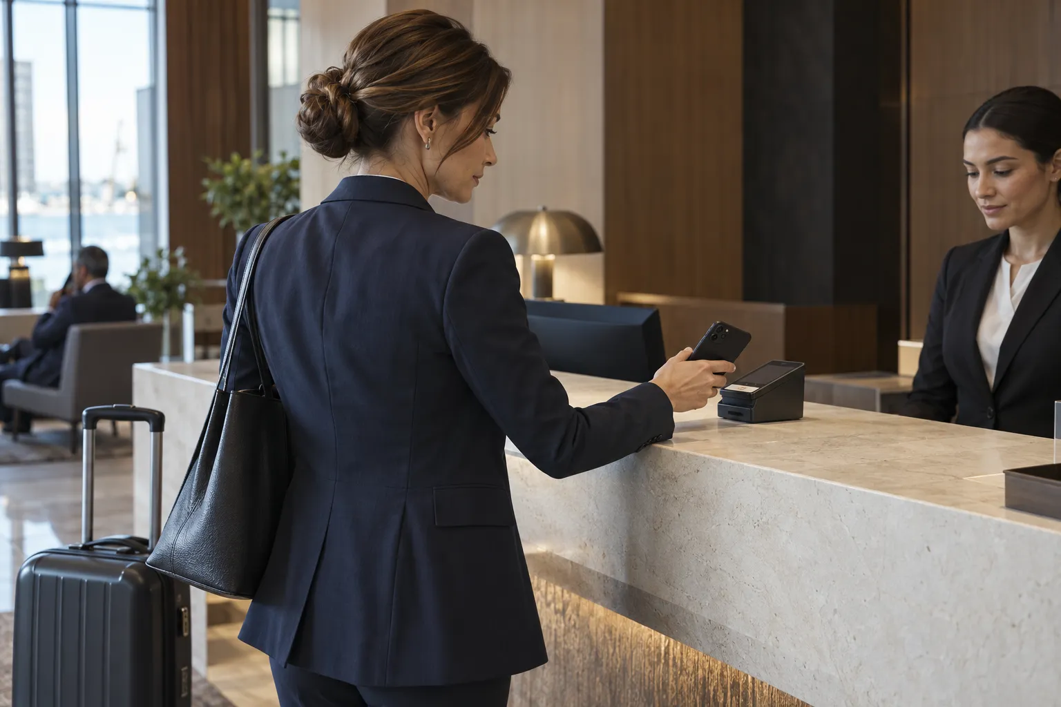 An executive paying at a hotel reception