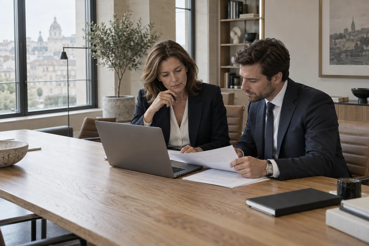 A finance team reviewing documents together