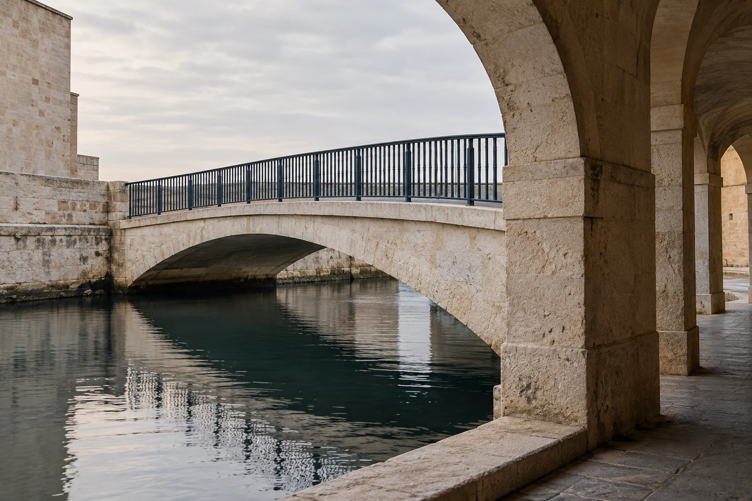 A pale stone bridge and canal, framed by an arch.