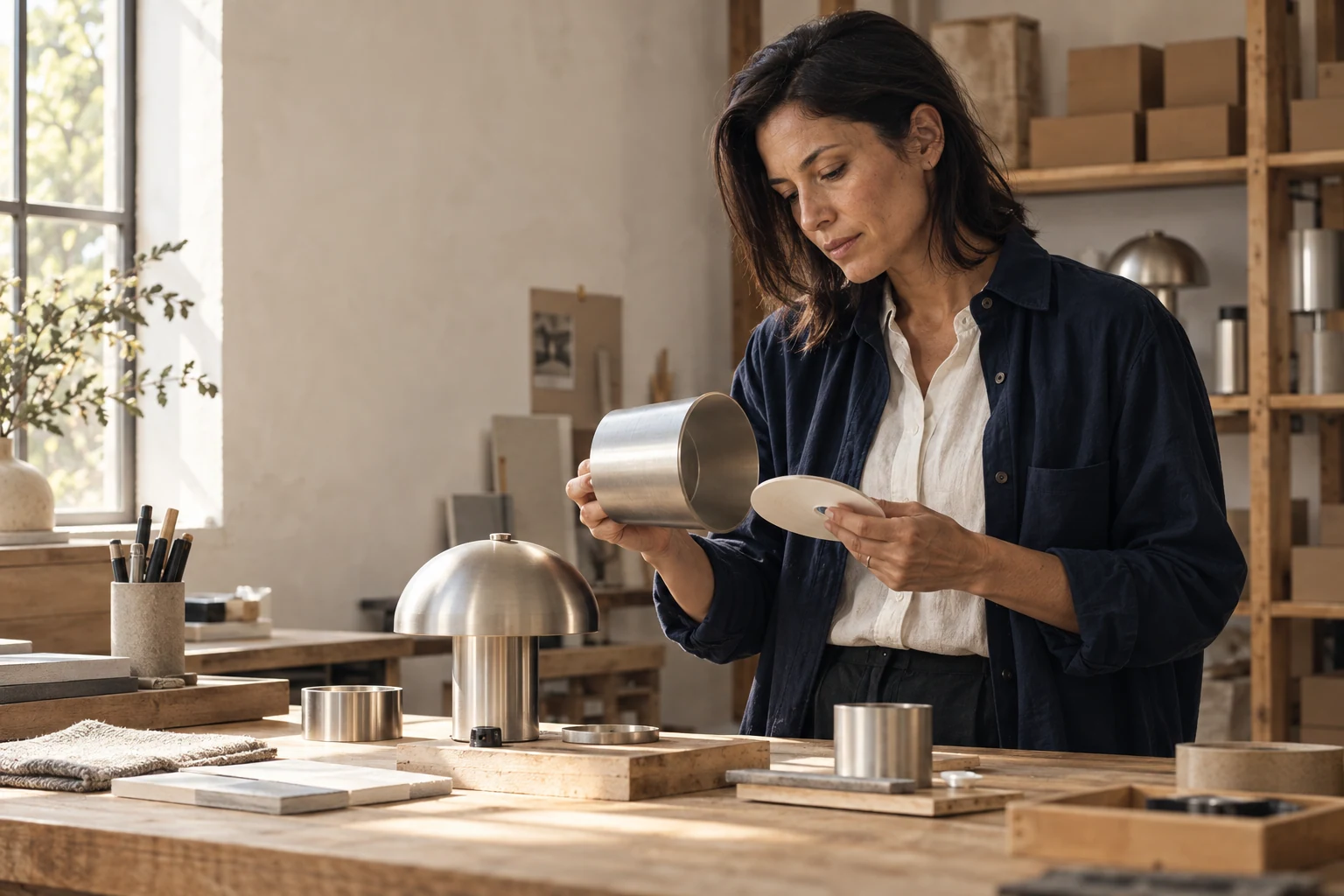 A business owner examines a lamp component in a workshop.