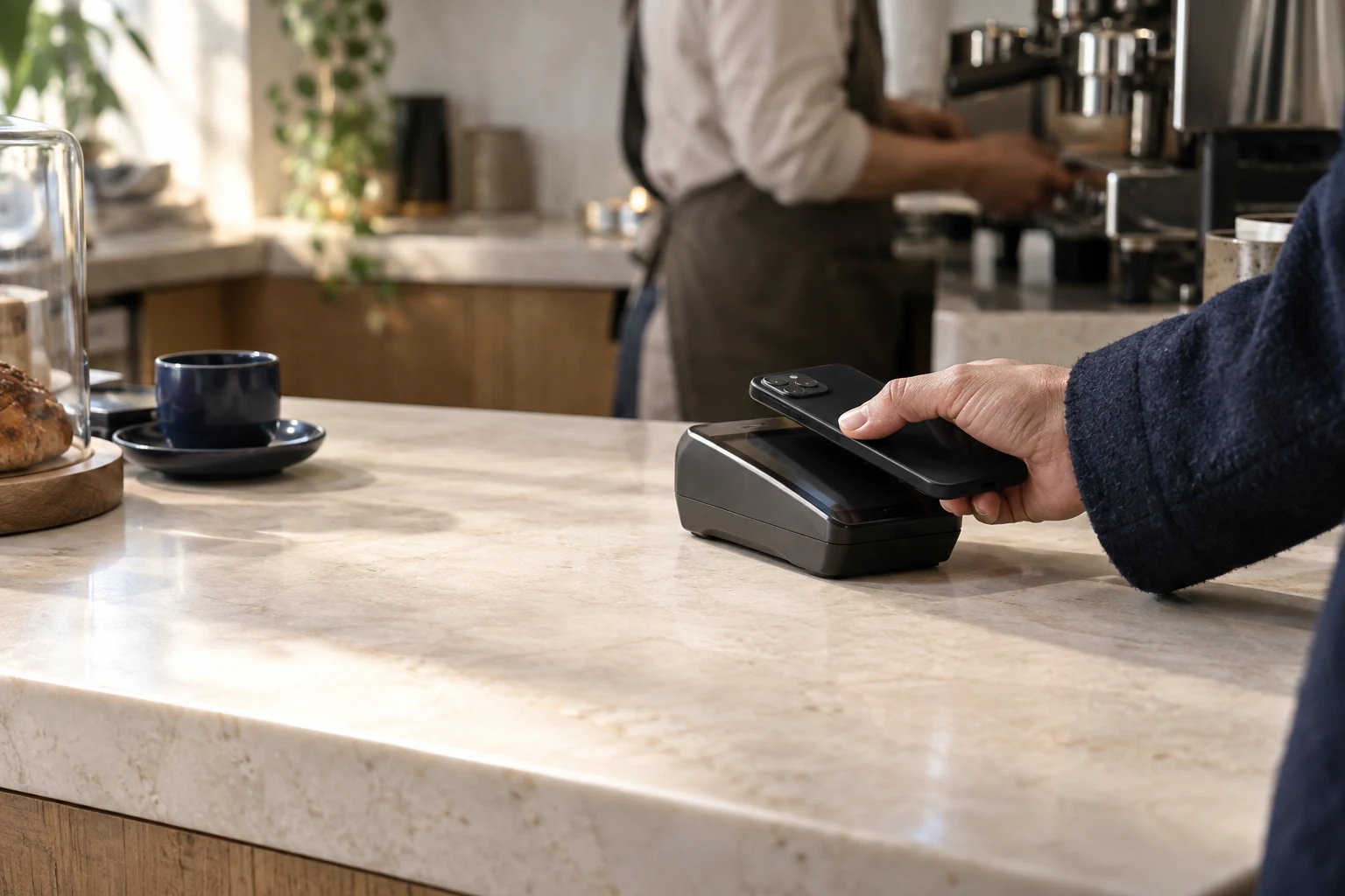 A customer pays with a phone at a stone café counter.