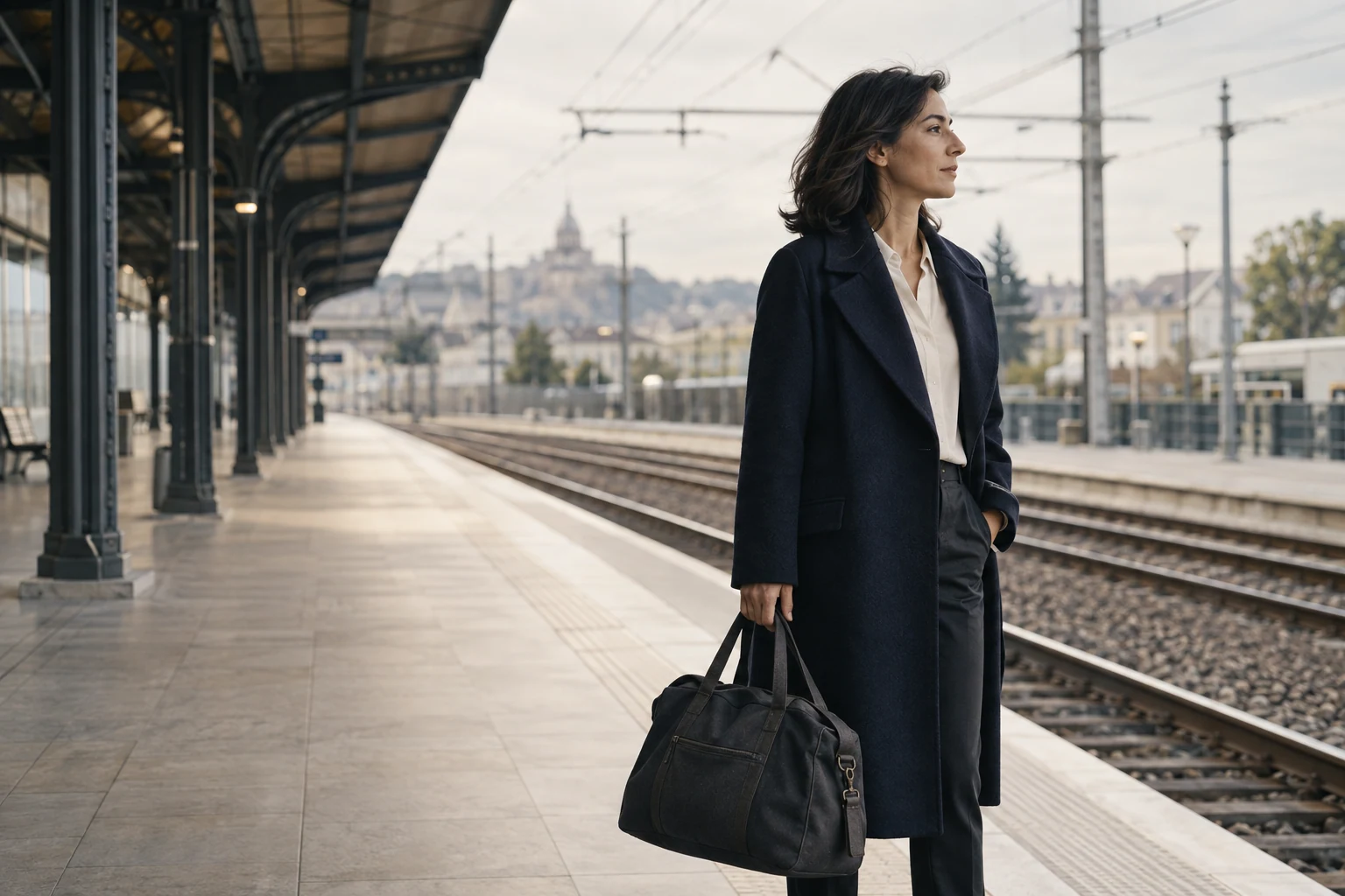 A traveler in a navy coat waits on a railway platform.
