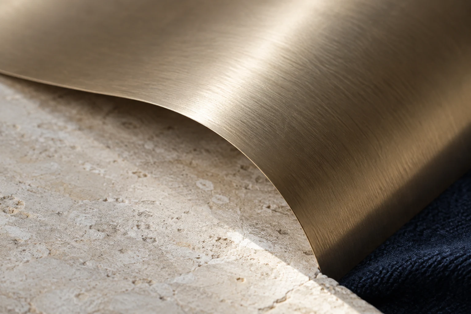 Warm brushed metal, pale stone and navy wool in soft light.