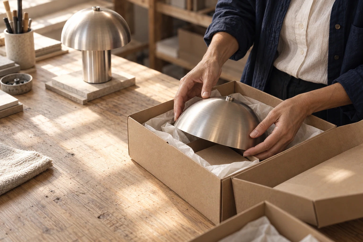 Hands pack a metal lamp into a shipping box.